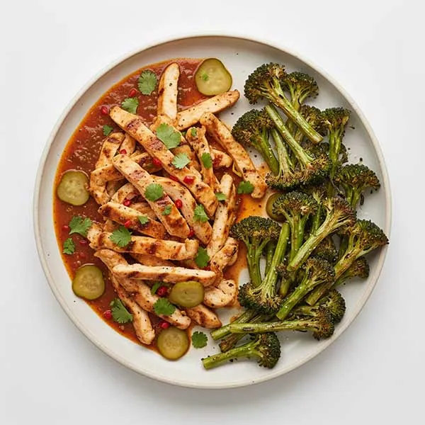 Spatchcock Chicken With Gherkin Chipotle Sauce & Roasted Broccoli Florets